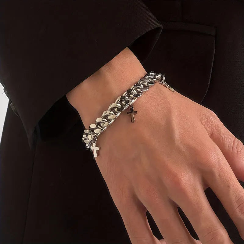 Men's titanium steel geometric cross bracelet with cold wind style design