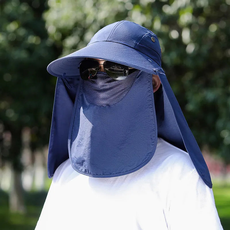 Men's khaki sun hat with built-in USB fan, face covering, and extended neck protection shawl.