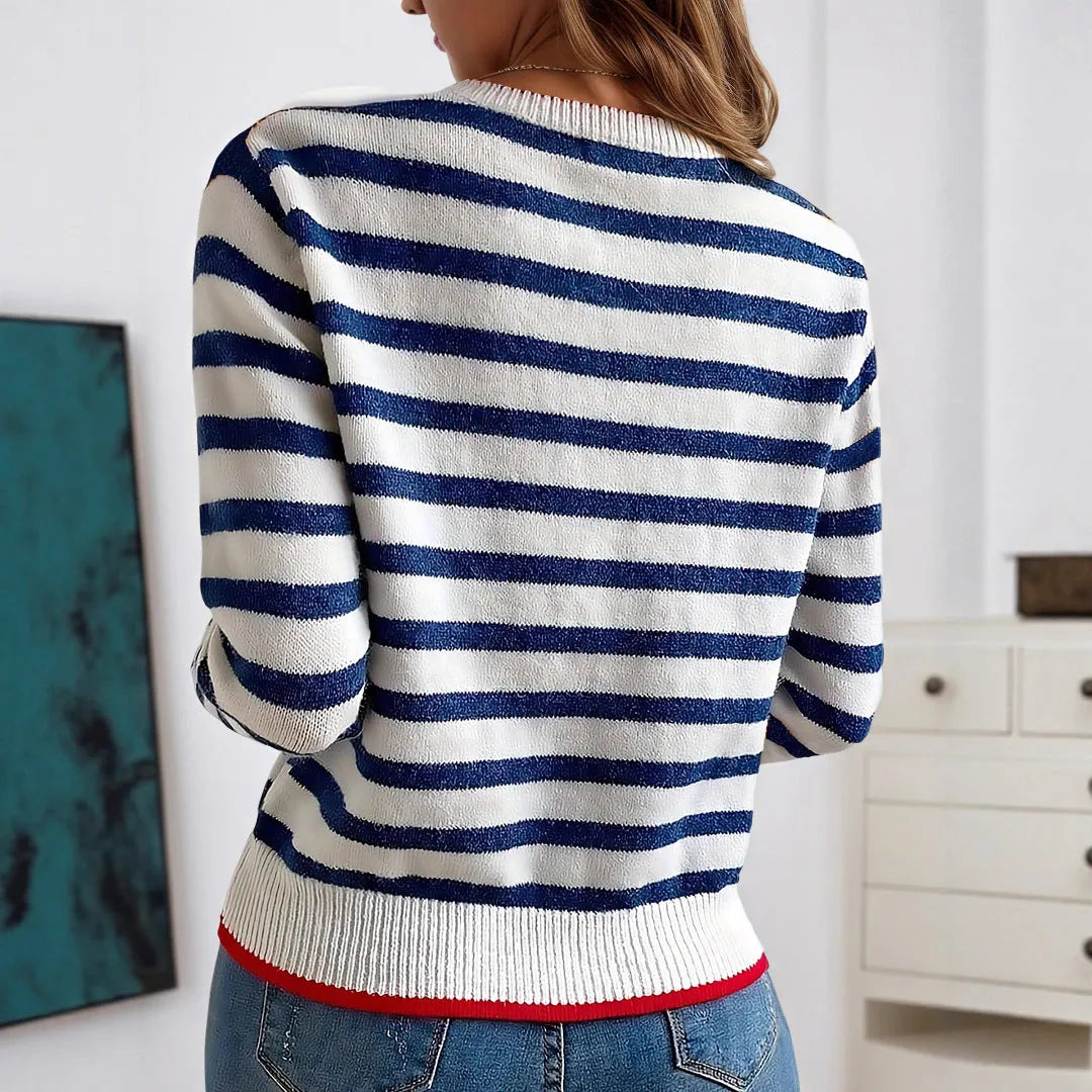 Sapphire Blue striped knitted pullover with contrast colour detailing and round neck