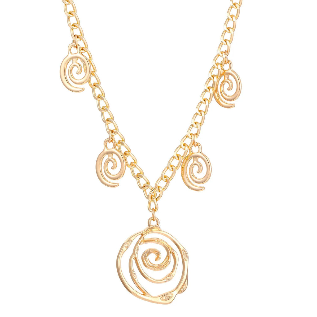Gold spiral donut pendant necklace, matching bracelet and ear hooks set on a grey background.