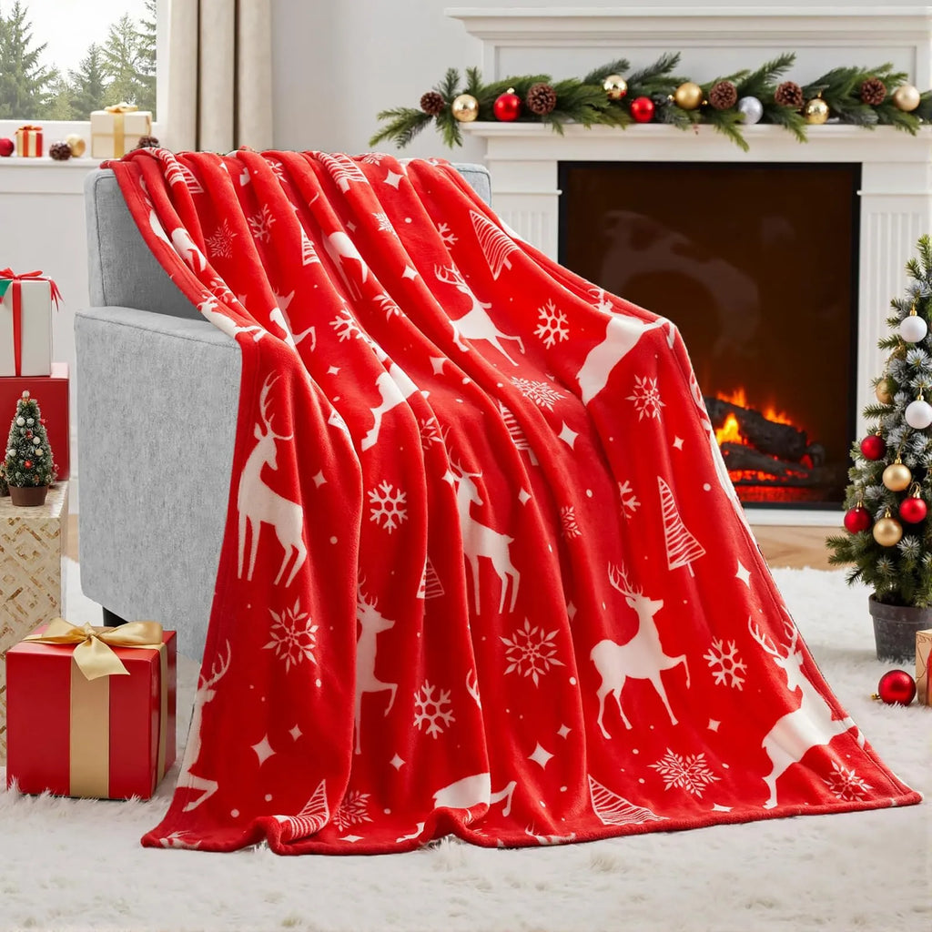 Soft flannel Christmas blanket in a plush polyester fabric, shown in one of five colour options.