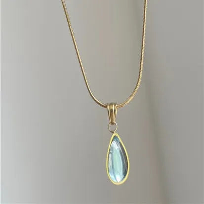 Retro blue and green water drop necklace with titanium steel snake chain and mixed gemstone pendant