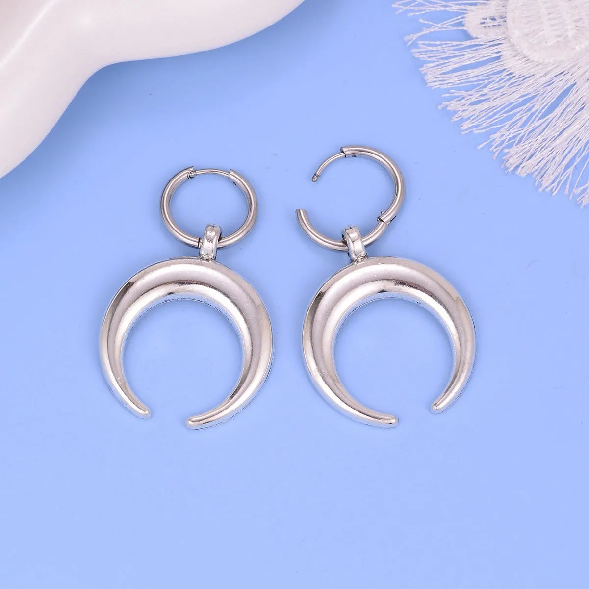 Silver electroplated big hoop earrings with geometric shape and moon element, vintage gothic punk jewellery