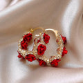 Red floral rose design alloy ear clip earrings for women with flower shape