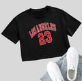 Black cotton crop t-shirt with printed white English letters, short sleeves, and a loose casual fit.