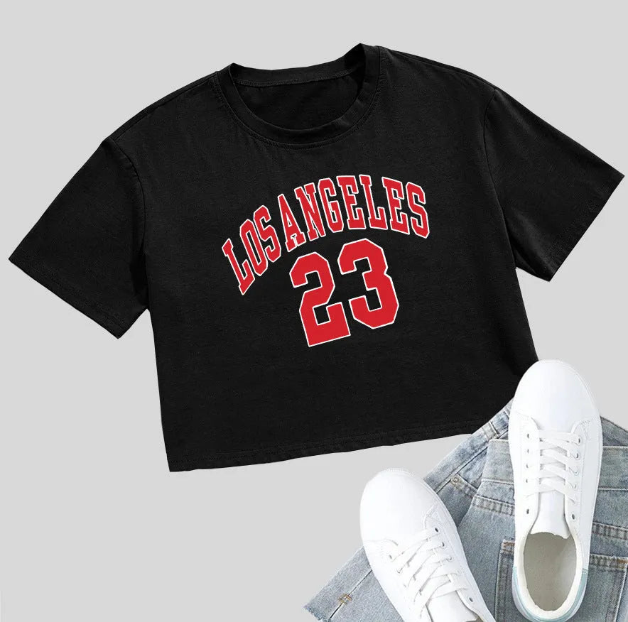 Black cotton crop t-shirt with printed white English letters, short sleeves, and a loose casual fit.