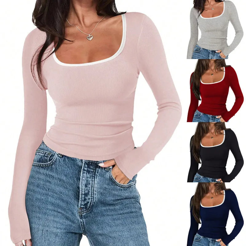 Women's slim fit square collar cotton pullover top in a solid colour.