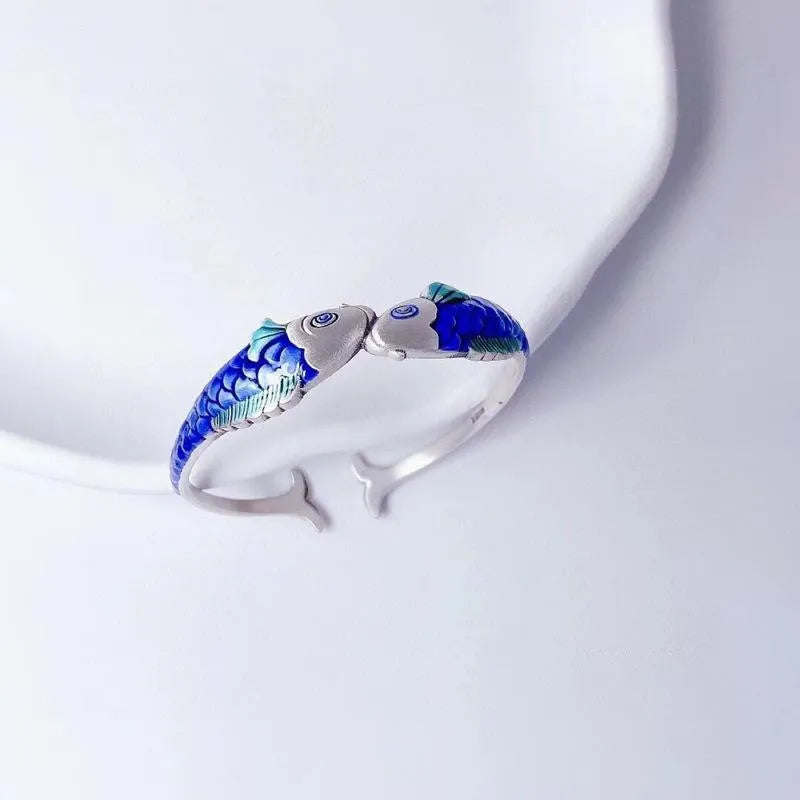 Ethnic style blue carp bracelet with silver electroplated copper finish, 60mm inner diameter, 13mm width