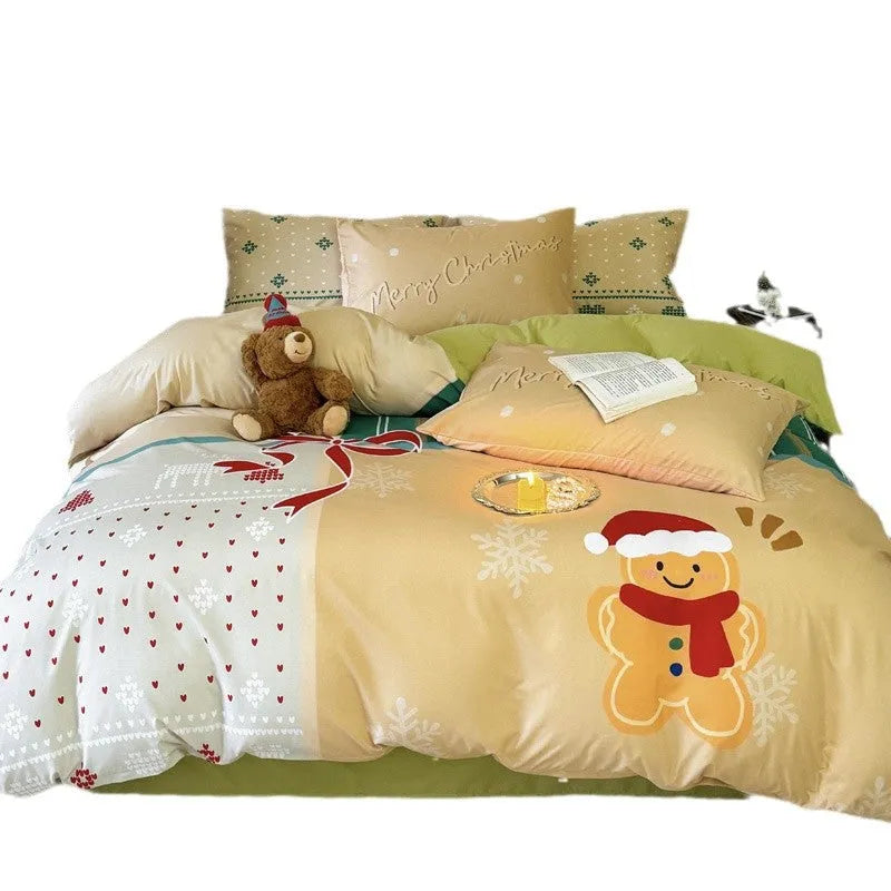 Christmas cartoon print bedding set with duvet cover, sheet, and pillowcases on a bed, showing super soft washed cotton-style fabric.