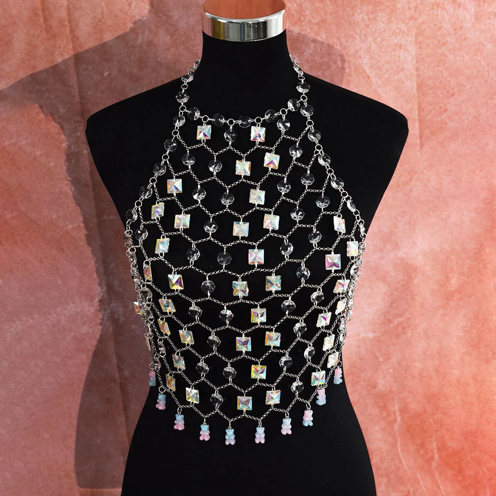 Transparent acrylic crystal sequin body chain hand-woven as chest and waist jewellery