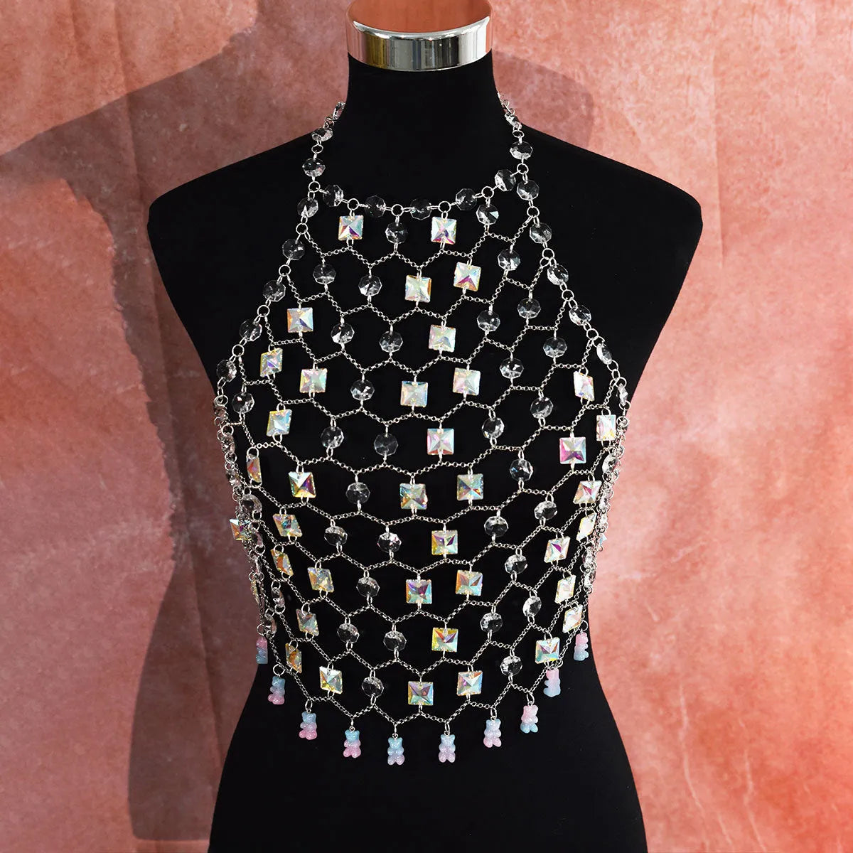 Transparent acrylic crystal sequin body chain hand-woven as chest and waist jewellery