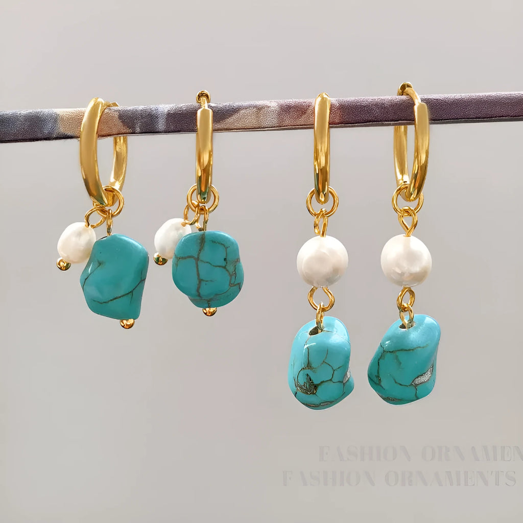 A pair of long and a pair of short geometric earrings with irregular turquoise and cultured pearls on copper ear clips.