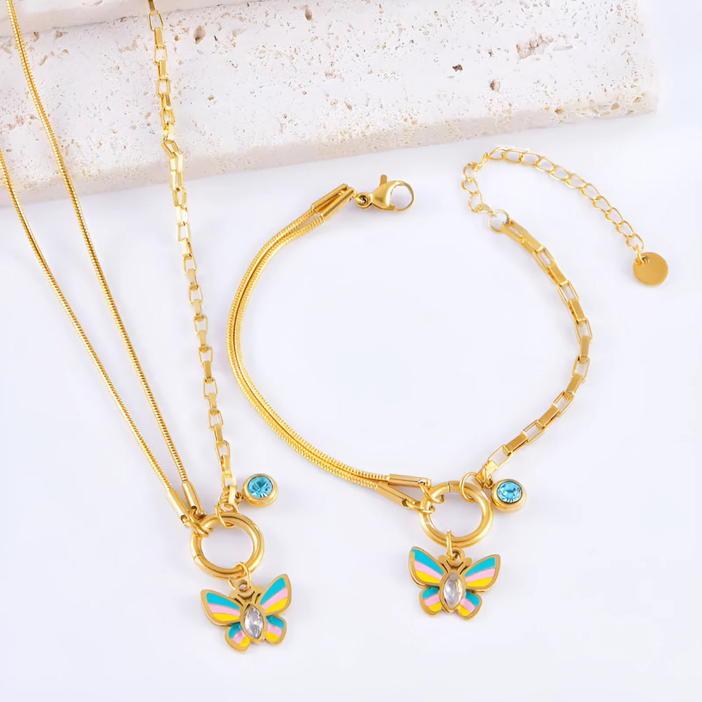 Gold colour epoxy butterfly necklace bracelet set with titanium steel snake bones chain