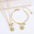 Gold colour epoxy butterfly necklace bracelet set with titanium steel snake bones chain