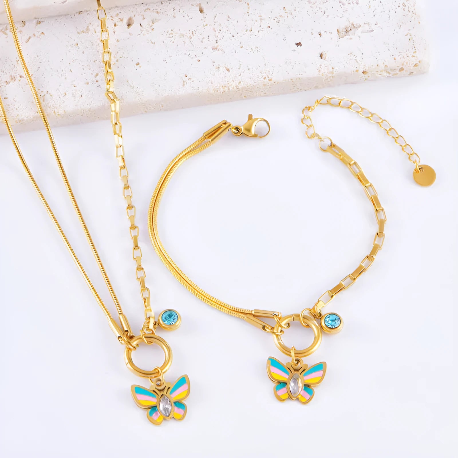 Gold colour epoxy butterfly necklace bracelet set with titanium steel snake bones chain