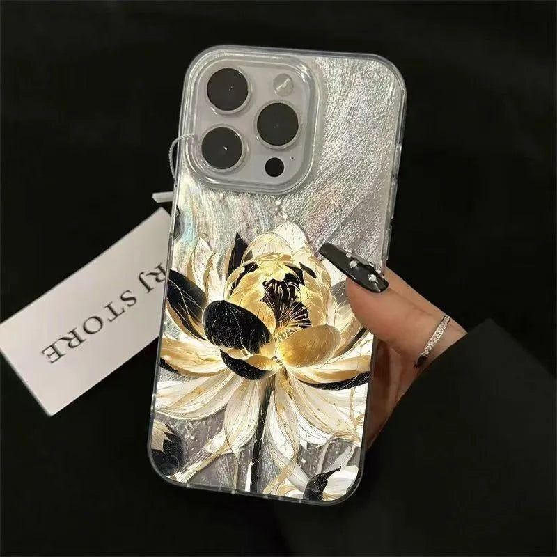 Hard polycarbonate iPhone case with blue lotus floral IMD pattern showing screen and camera cut-outs