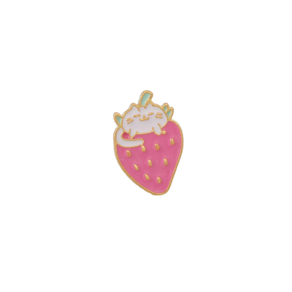 Alloy cake cat brooch with strawberry decoration and dripping oil effect in multiple colour options