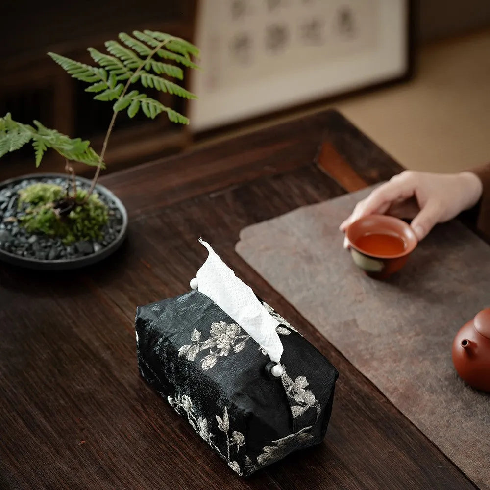 New Chinese style white brocade tissue box with embroidered plum blossoms, shown with and without a pearl buckle.