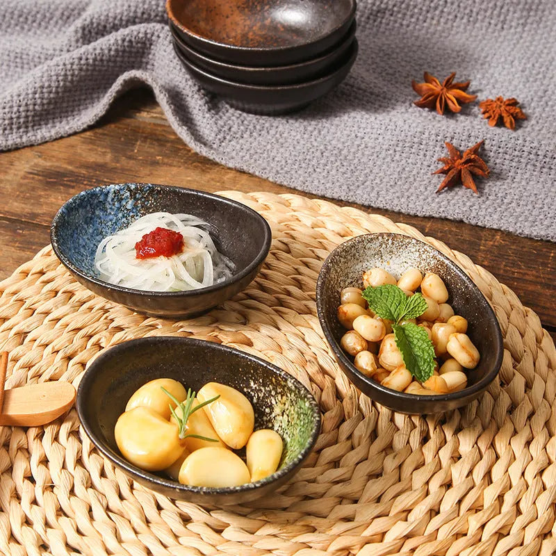 Oval Japanese ceramic sauce dipping bowl with underglaze finish in selected colour pattern