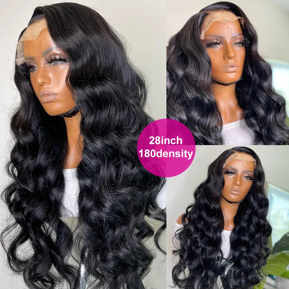 Black synthetic front lace wig with long curly hair and side bangs on a mannequin head.