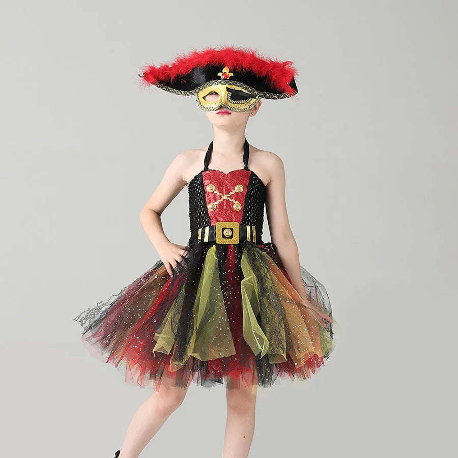 Girls pirate Halloween costume dress with sequin and lace decoration on sleeveless nylon dress
