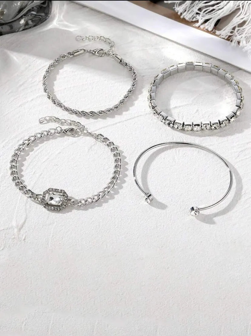 Women's retro-style geometric square diamond alloy bracelet set in gold and silver colours, four pieces shown.