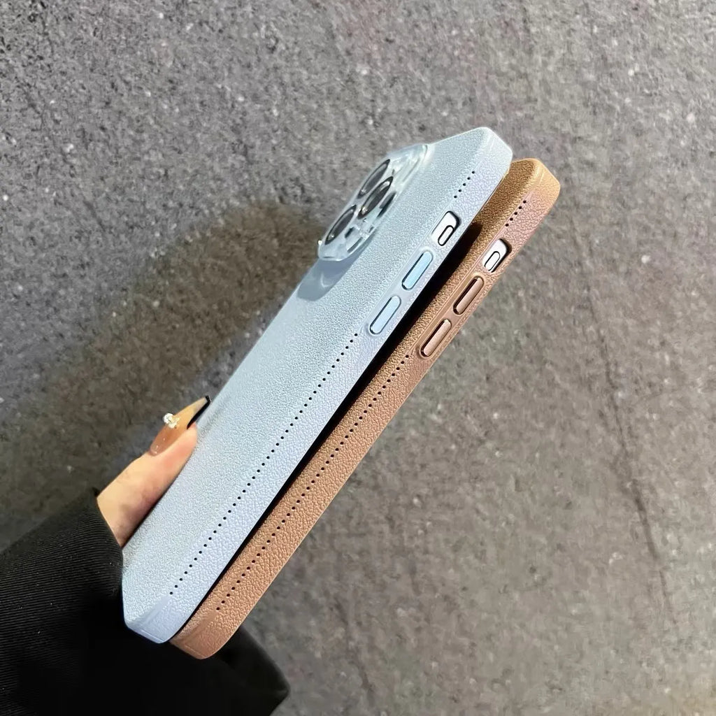 Hard shell iPhone case with embossed lychee pattern in black, brown, or taro purple for iPhone 11 to 16.