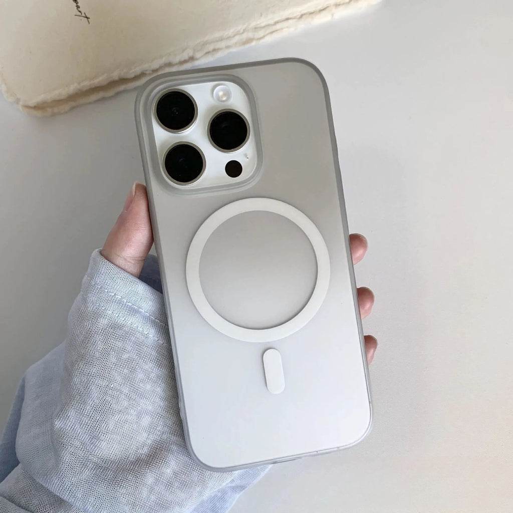 Gradient frosted magnetic suction iPhone case in blue colour variant showing MagSafe ring compatibility