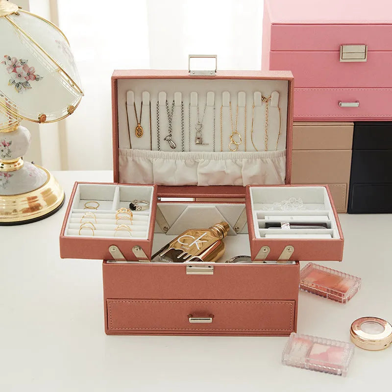 Hard PU leather jewelry storage box in beige, black, pink, or rose gold, dimensions 22.5cm x 15.5cm x 14cm.