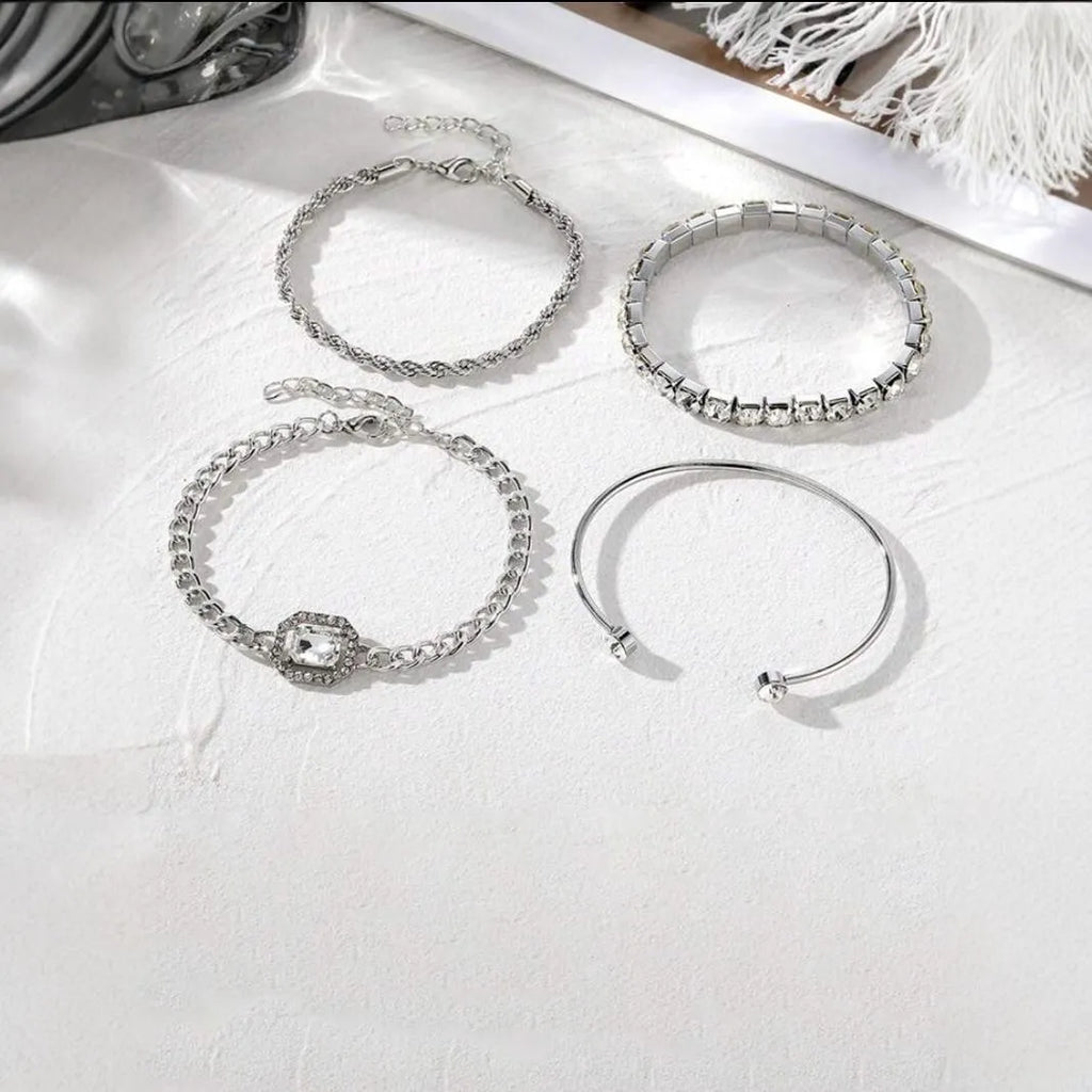 Women's retro-style geometric square diamond alloy bracelet set in gold and silver colours, four pieces shown.