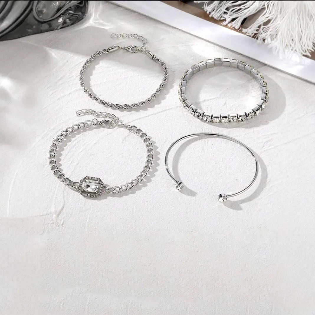 Women's retro-style geometric square diamond alloy bracelet set in gold and silver colours, four pieces shown.