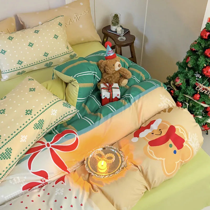 Christmas cartoon print bedding set with duvet cover, sheet, and pillowcases on a bed, showing super soft washed cotton-style fabric.