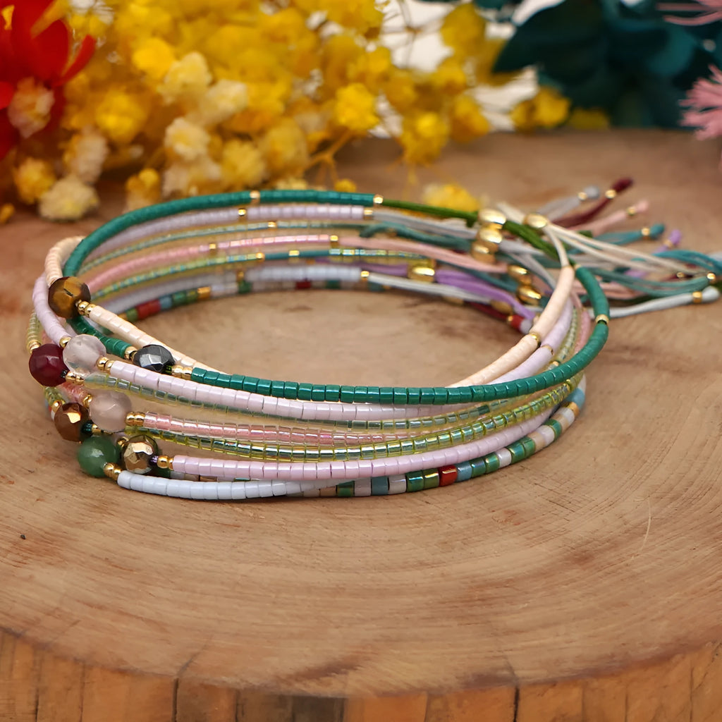 Handmade Bohemian style beaded bracelet with geometric glass and coloured glaze beads in various colours