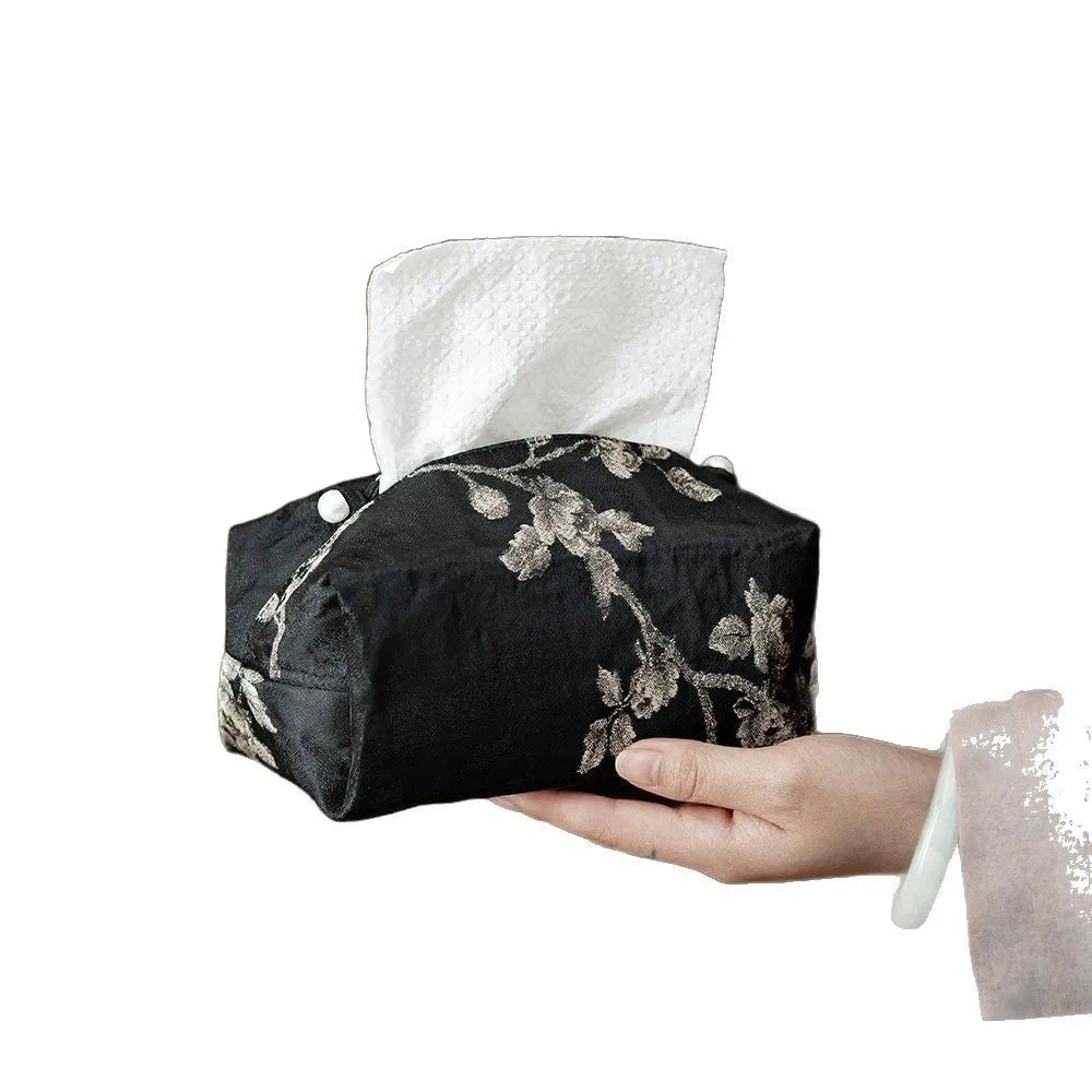 New Chinese style white brocade tissue box with embroidered plum blossoms, shown with and without a pearl buckle.