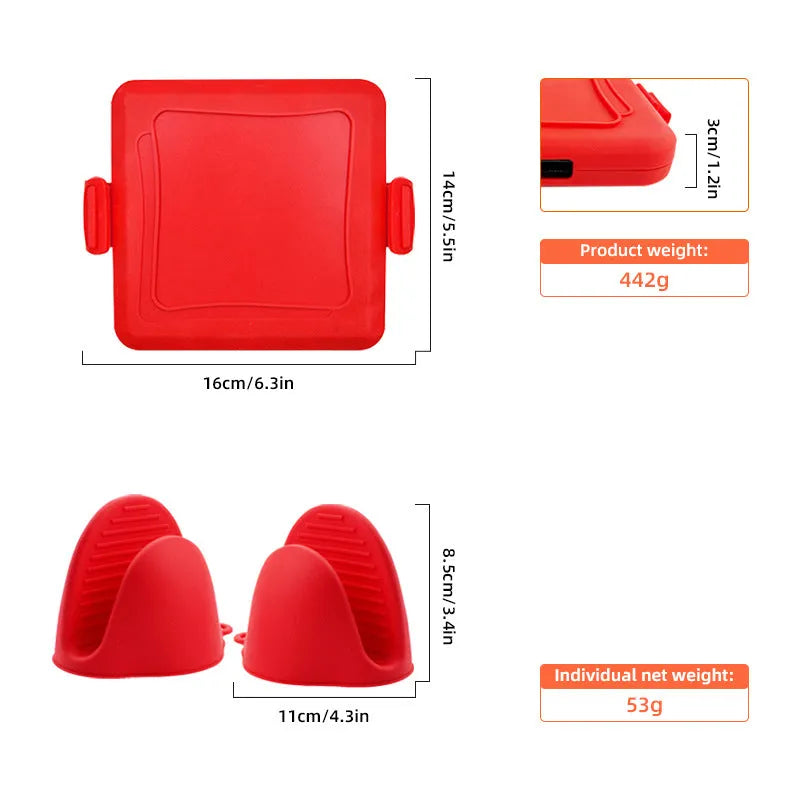 Red silicone baking tray and matching heat-resistant gloves set on kitchen counter