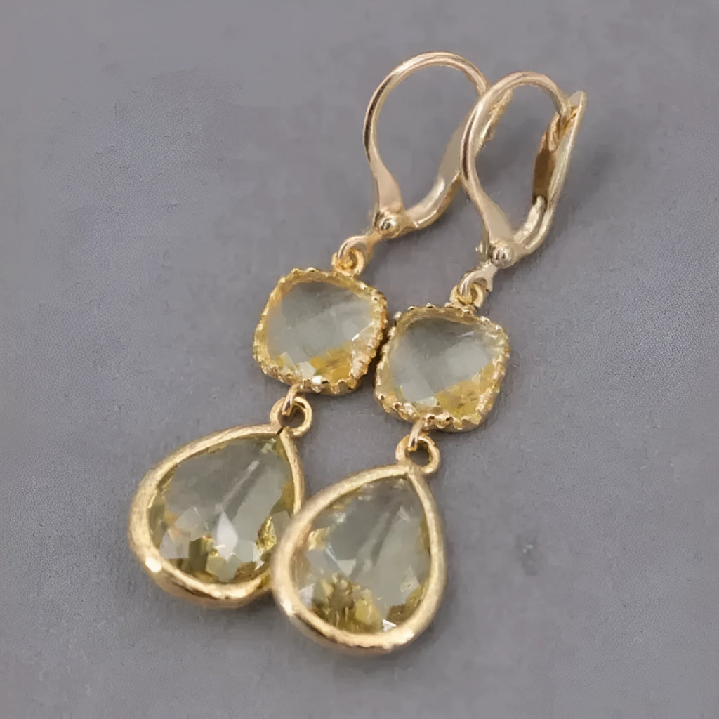 Gold geometric women's earrings with long fringe and water droplet crystals