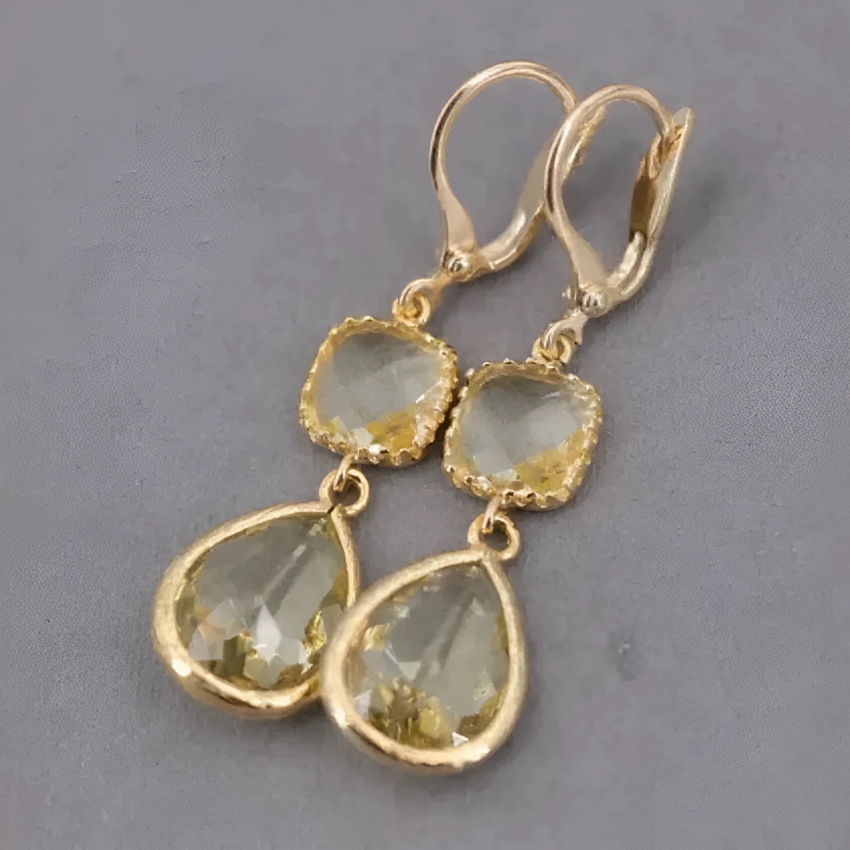 Gold geometric women's earrings with long fringe and water droplet crystals