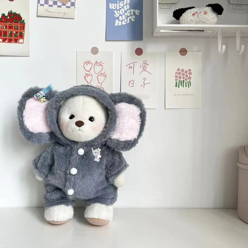 Grey elephant print plush jumpsuit outfit for a 30cm tall teddy bear or doll.