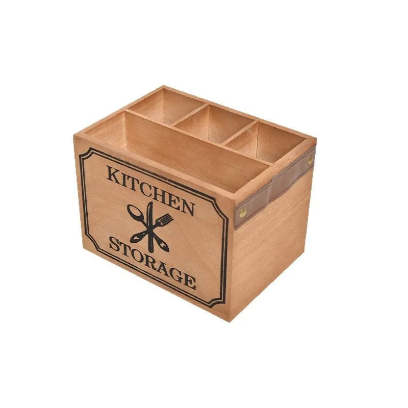 Wooden kitchen storage box with grid compartments for knives, forks, and chopsticks.