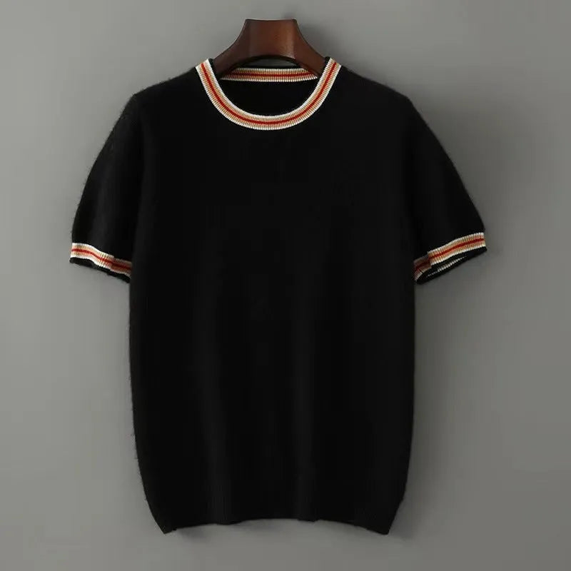 Men's grey pure wool short sleeve pullover sweater with a round neck on a hanger
