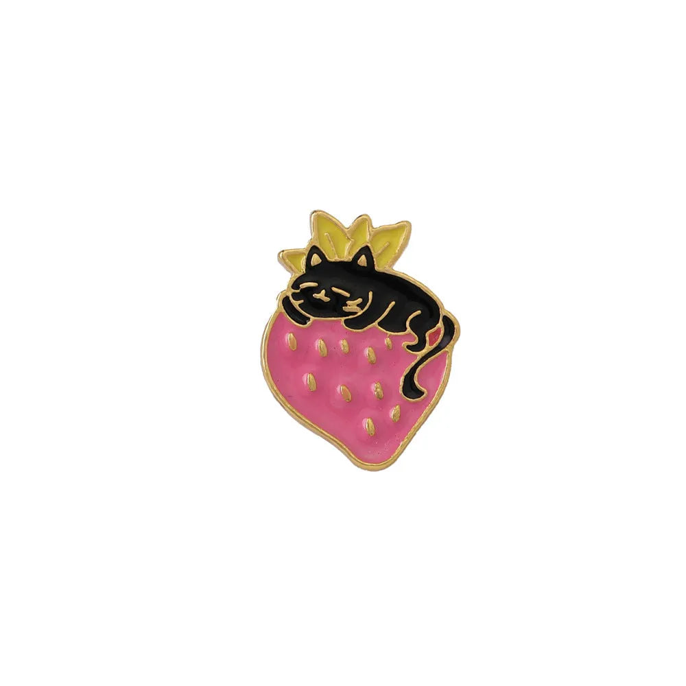 Alloy cake cat brooch with strawberry decoration and dripping oil effect in multiple colour options