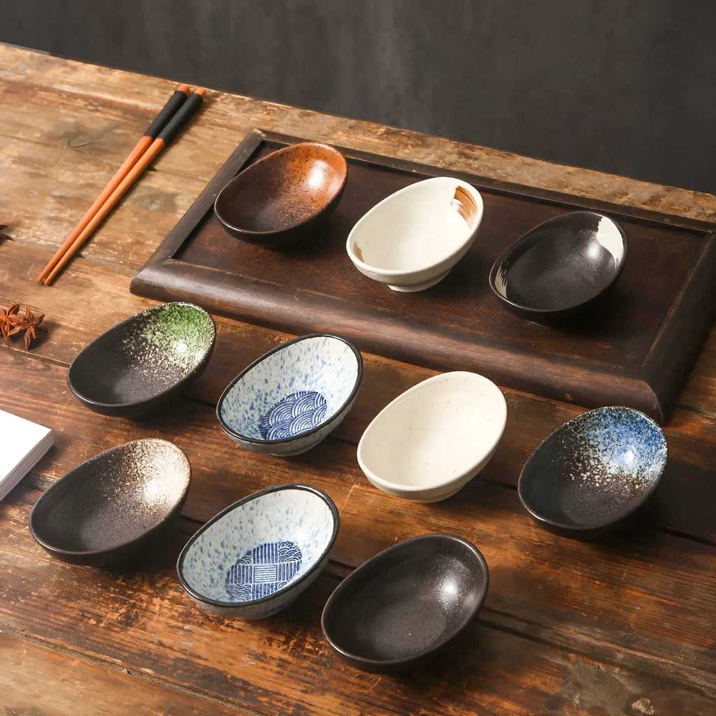 Oval Japanese ceramic sauce dipping bowl with underglaze finish in selected colour pattern
