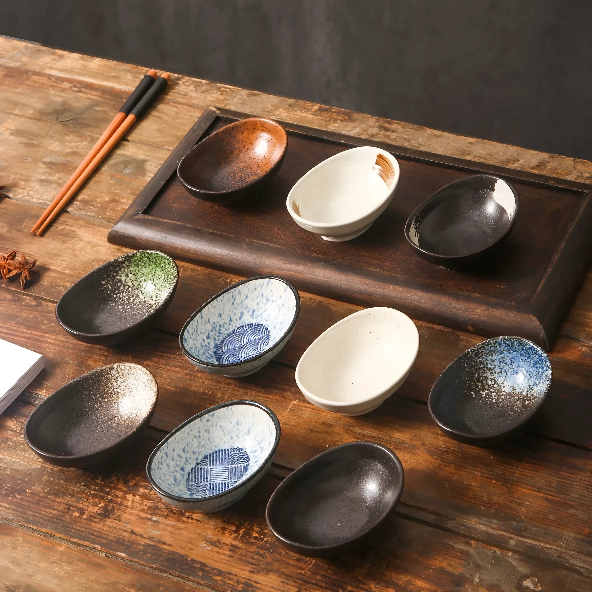 Oval Japanese ceramic sauce dipping bowl with underglaze finish in selected colour pattern