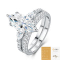 Silver moissanite ring with horse eye geometric inlay on white background