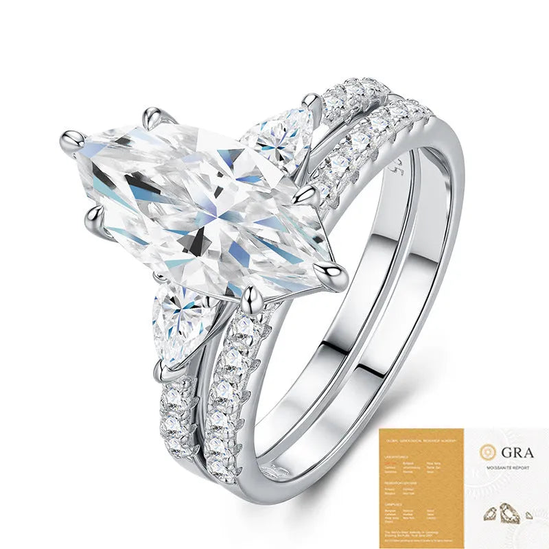Silver moissanite ring with horse eye geometric inlay on white background