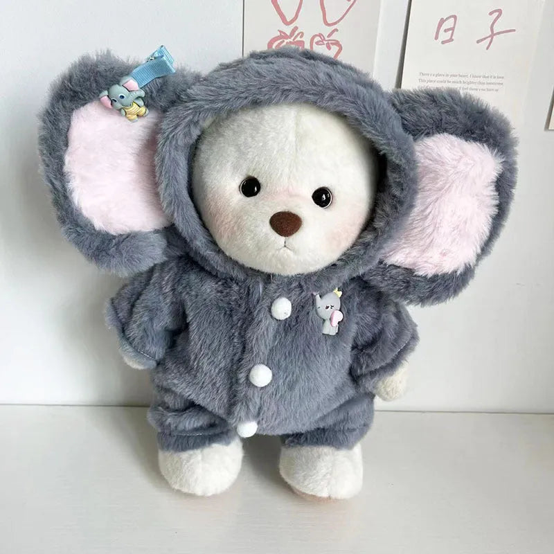 Grey elephant print plush jumpsuit outfit for a 30cm tall teddy bear or doll.