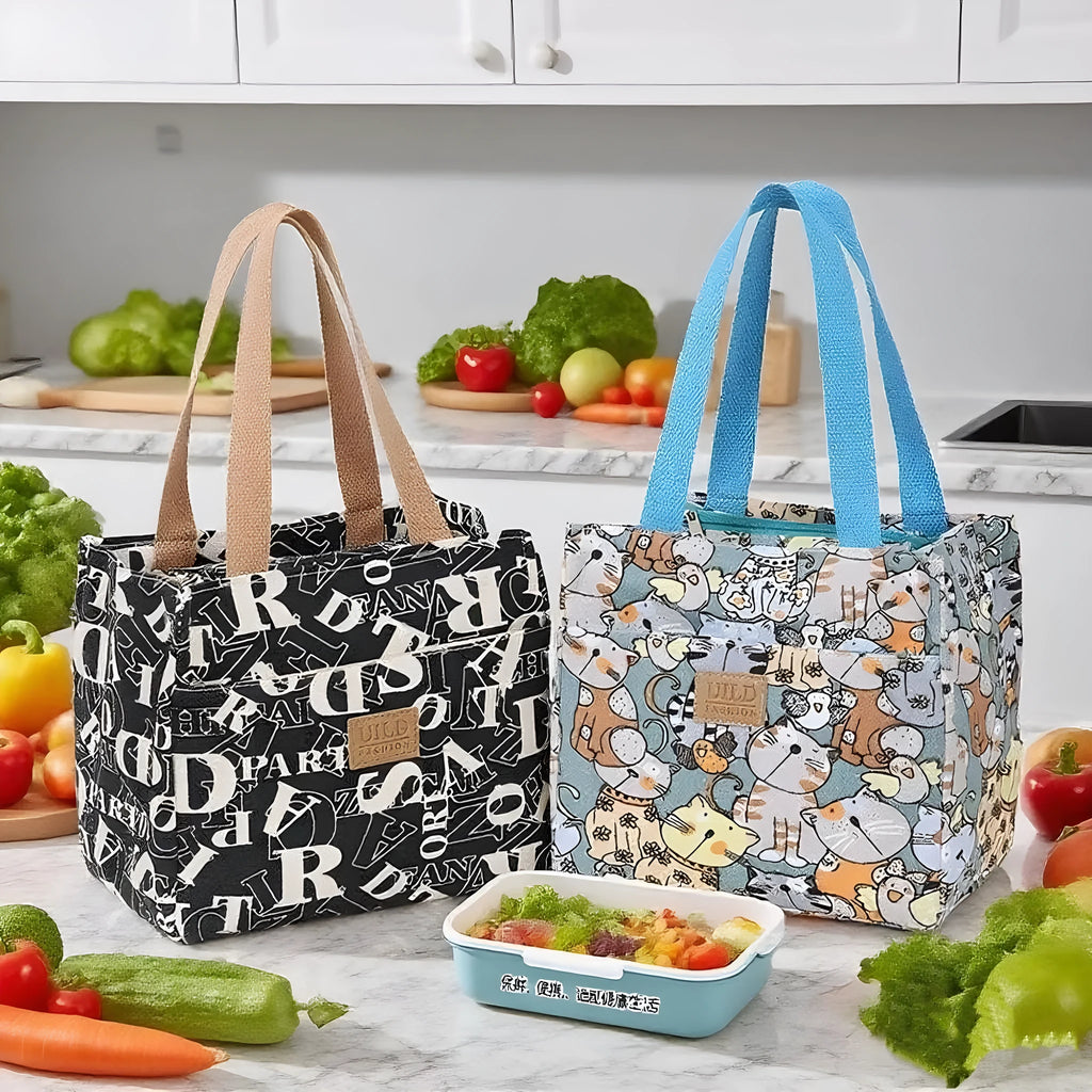 Women's large printed canvas tote bag with aluminium hardware in a horizontal square shape.