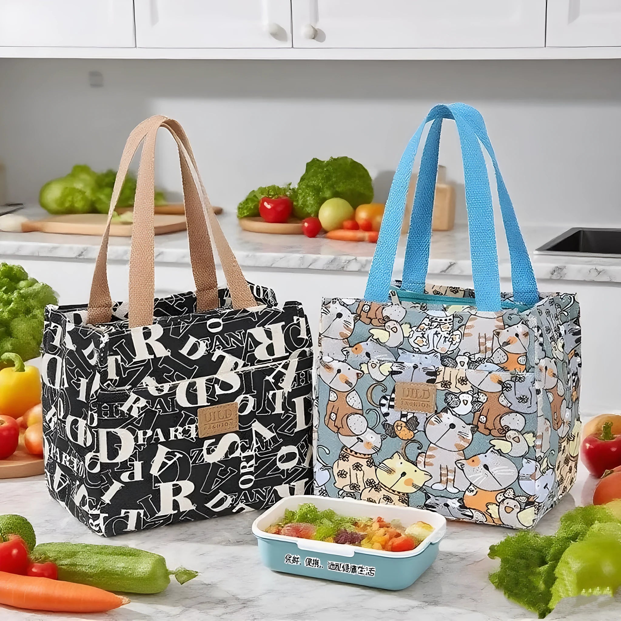 Women's large printed canvas tote bag with aluminium hardware in a horizontal square shape.