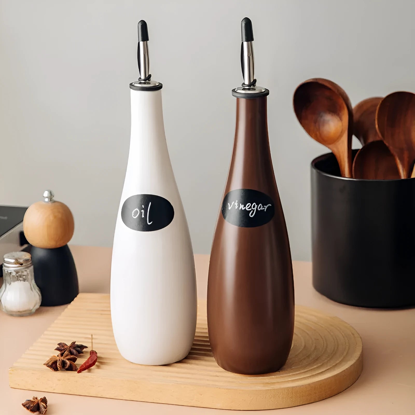 Ceramic oil pot with removable funnel and pouring brush in black, coffee, or white colours