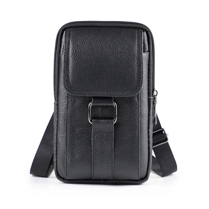 Black genuine leather men's waist bag with a lock, shown as a crossbody bag.